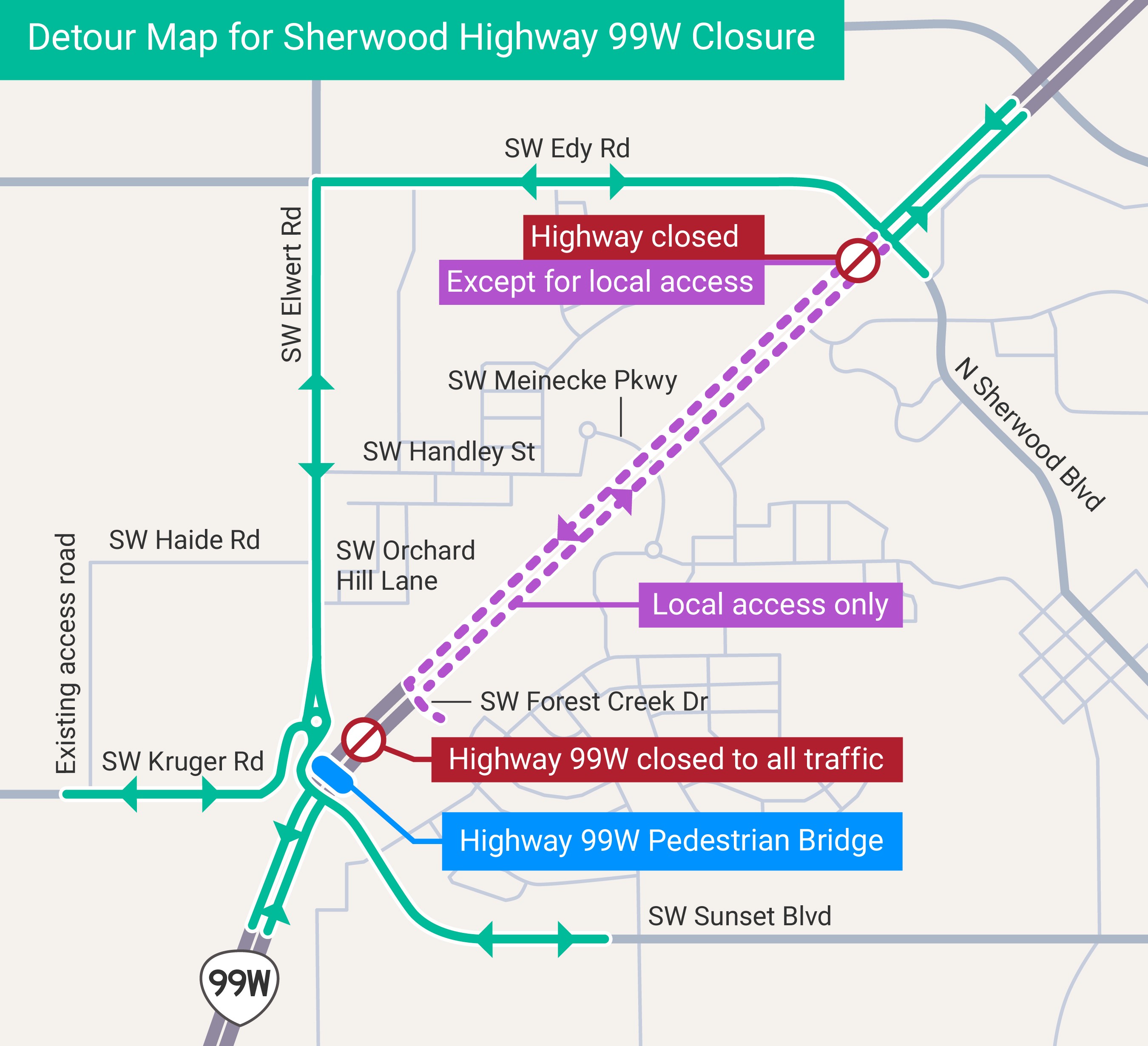 Sherwood March 99W Closure Detour map